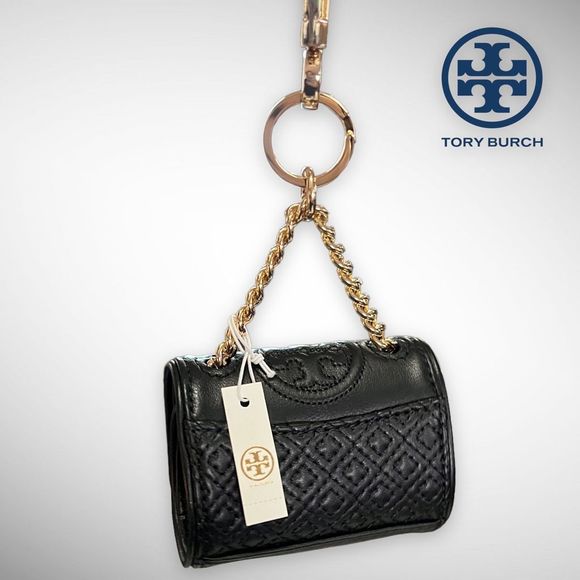 NWT Tory Burch Lil Fleming Key Fob / Bag Charm in Black Napa Leather $115 - Picture 2 of 16
